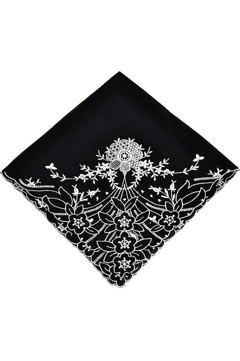 Vintage Black Linen Handkerchief Cutwork White Embroidery 11"