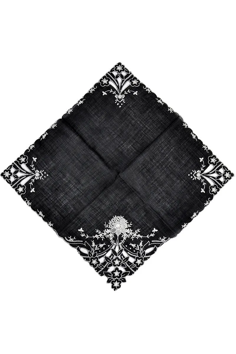 Vintage Black Linen Handkerchief Cutwork White Embroidery 11"