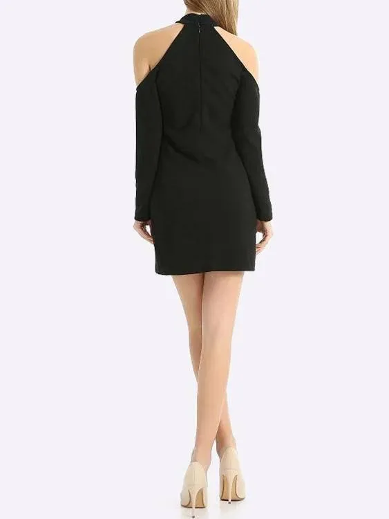 Wholesale Black Cold Shoulder Long Sleeve Embroidered Zip Back Mini Dress