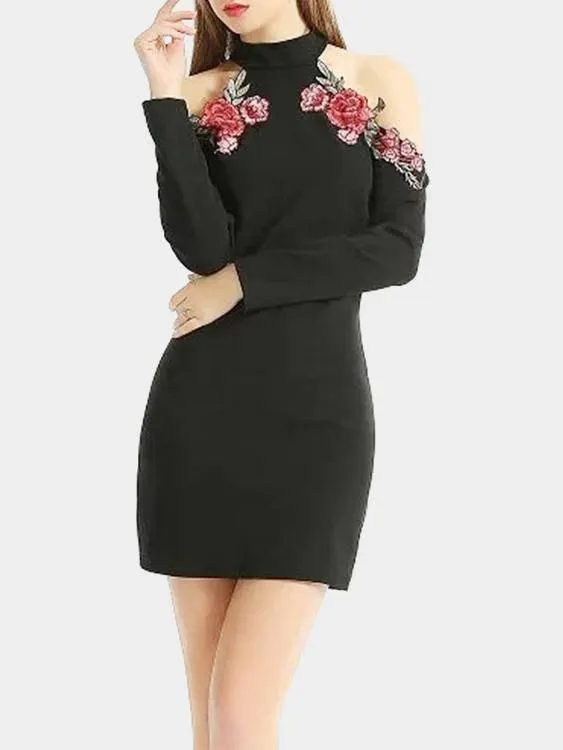 Wholesale Black Cold Shoulder Long Sleeve Embroidered Zip Back Mini Dress