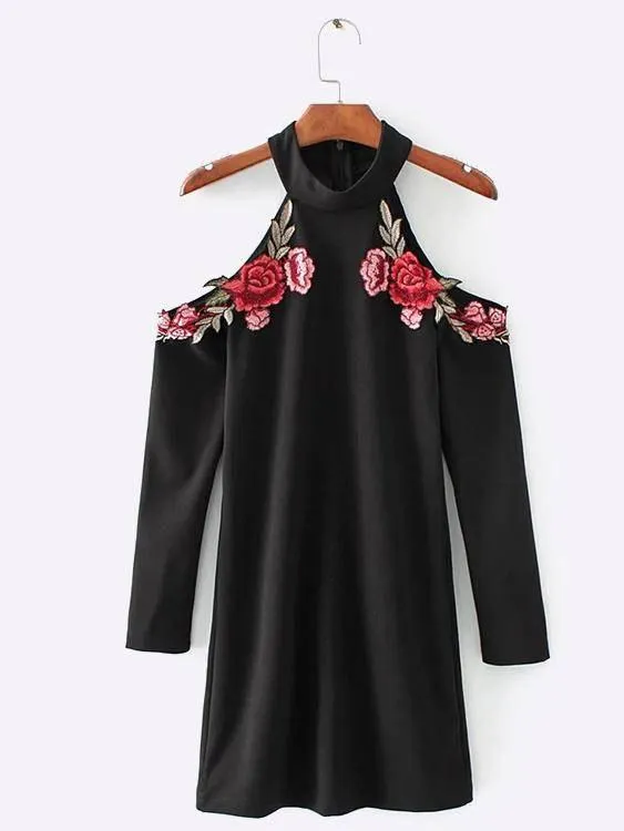 Wholesale Black Cold Shoulder Long Sleeve Embroidered Zip Back Mini Dress