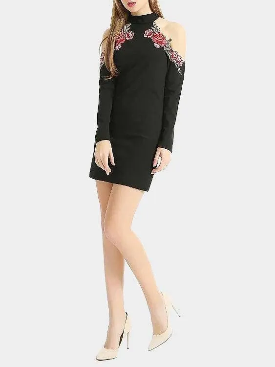 Wholesale Black Cold Shoulder Long Sleeve Embroidered Zip Back Mini Dress