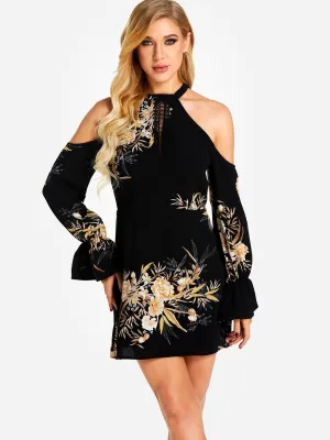 Wholesale Black Cold Shoulder Long Sleeve Floral Print Mini Dress