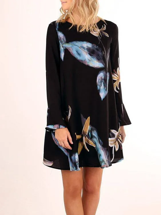 Wholesale Black Round Neck Long Sleeve Floral Print Fashion Mini Dresses