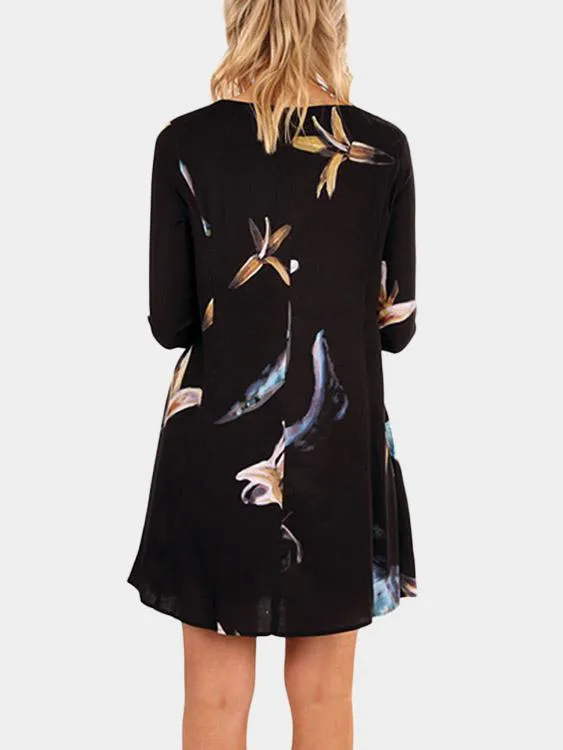 Wholesale Black Round Neck Long Sleeve Floral Print Fashion Mini Dresses