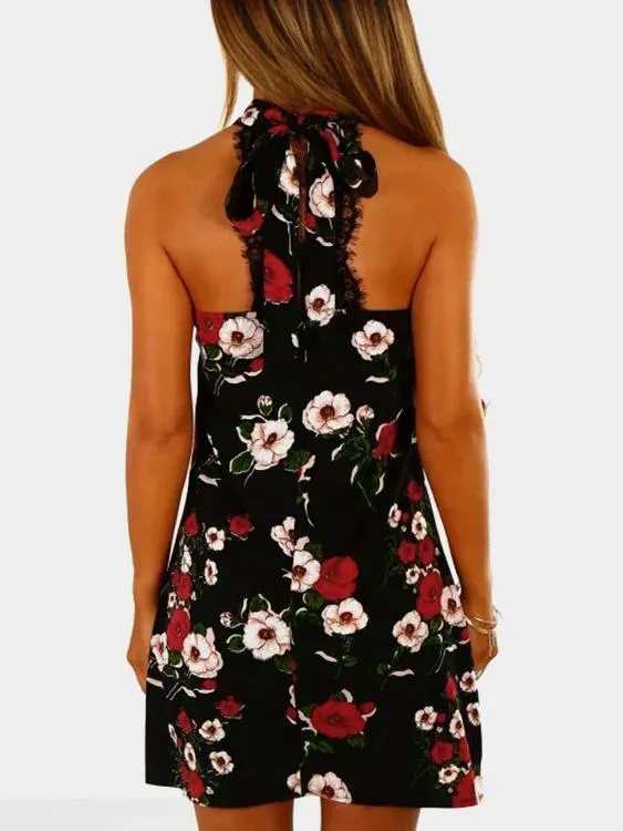 Wholesale Black Sleeveless Floral Print Lace Zip Back Mini Dress