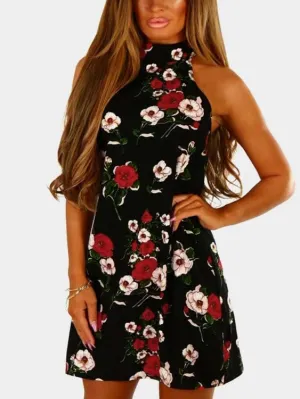 Wholesale Black Sleeveless Floral Print Lace Zip Back Mini Dress