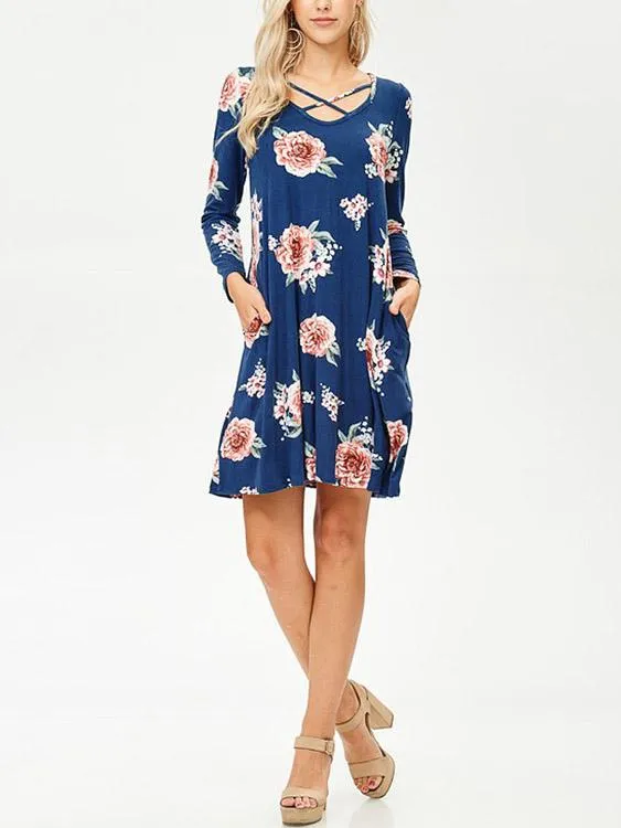 Wholesale Blue V-Neck Long Sleeve Floral Print Mini Dresses