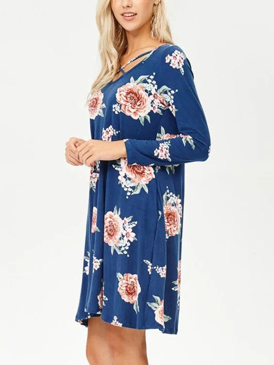 Wholesale Blue V-Neck Long Sleeve Floral Print Mini Dresses