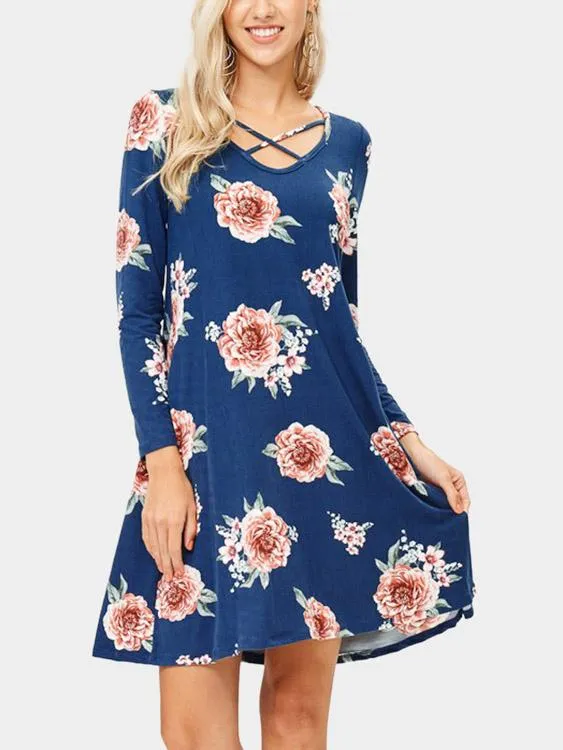 Wholesale Blue V-Neck Long Sleeve Floral Print Mini Dresses