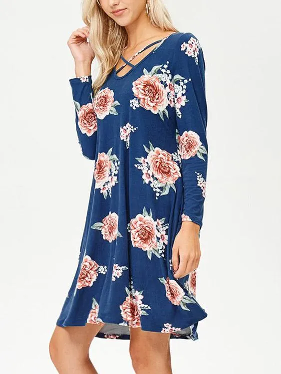 Wholesale Blue V-Neck Long Sleeve Floral Print Mini Dresses