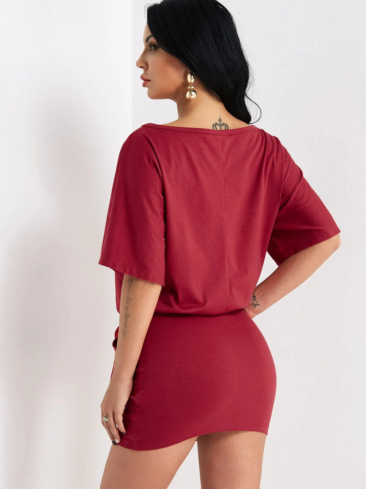 Wholesale Burgundy One Shoulder Short Sleeve Self-Tie Bodycon Mini Dress