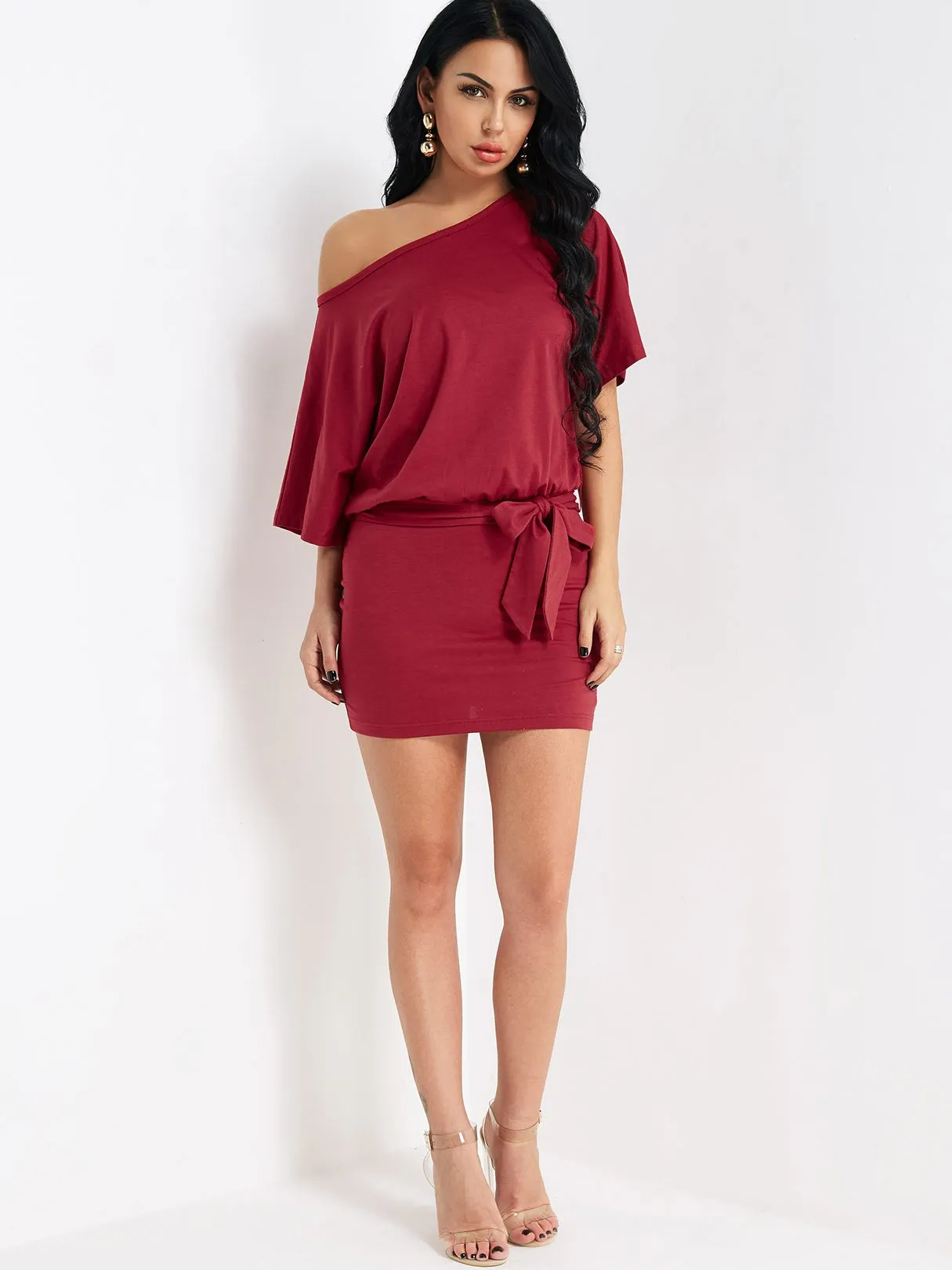 Wholesale Burgundy One Shoulder Short Sleeve Self-Tie Bodycon Mini Dress