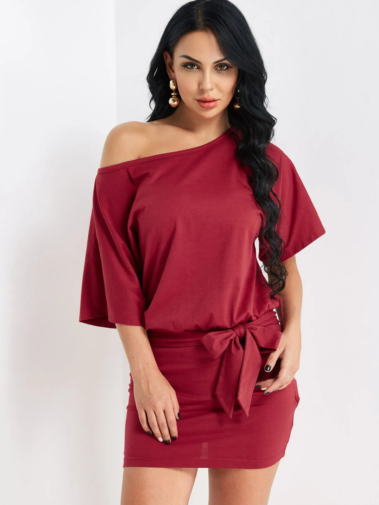 Wholesale Burgundy One Shoulder Short Sleeve Self-Tie Bodycon Mini Dress