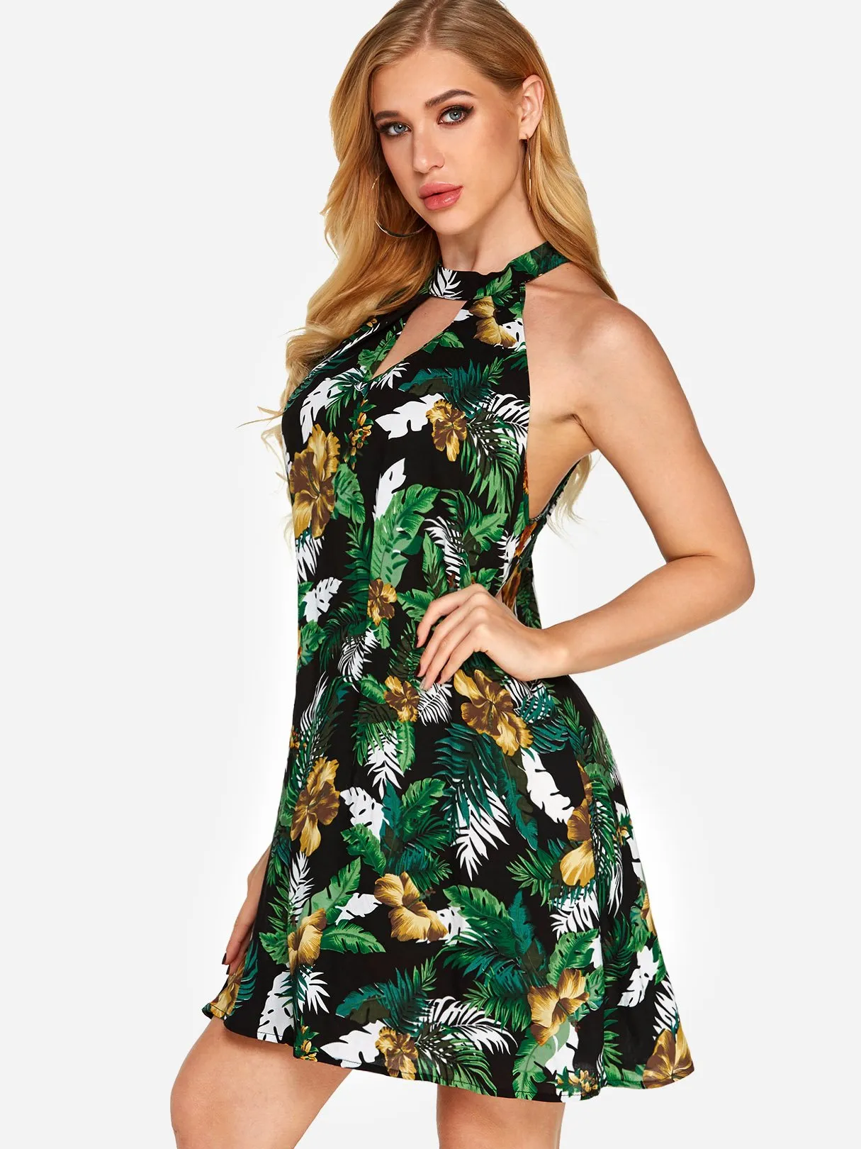 Wholesale Halter Sleeveless Floral Print Backless Cut Out Mini Dress