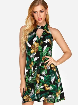 Wholesale Halter Sleeveless Floral Print Backless Cut Out Mini Dress