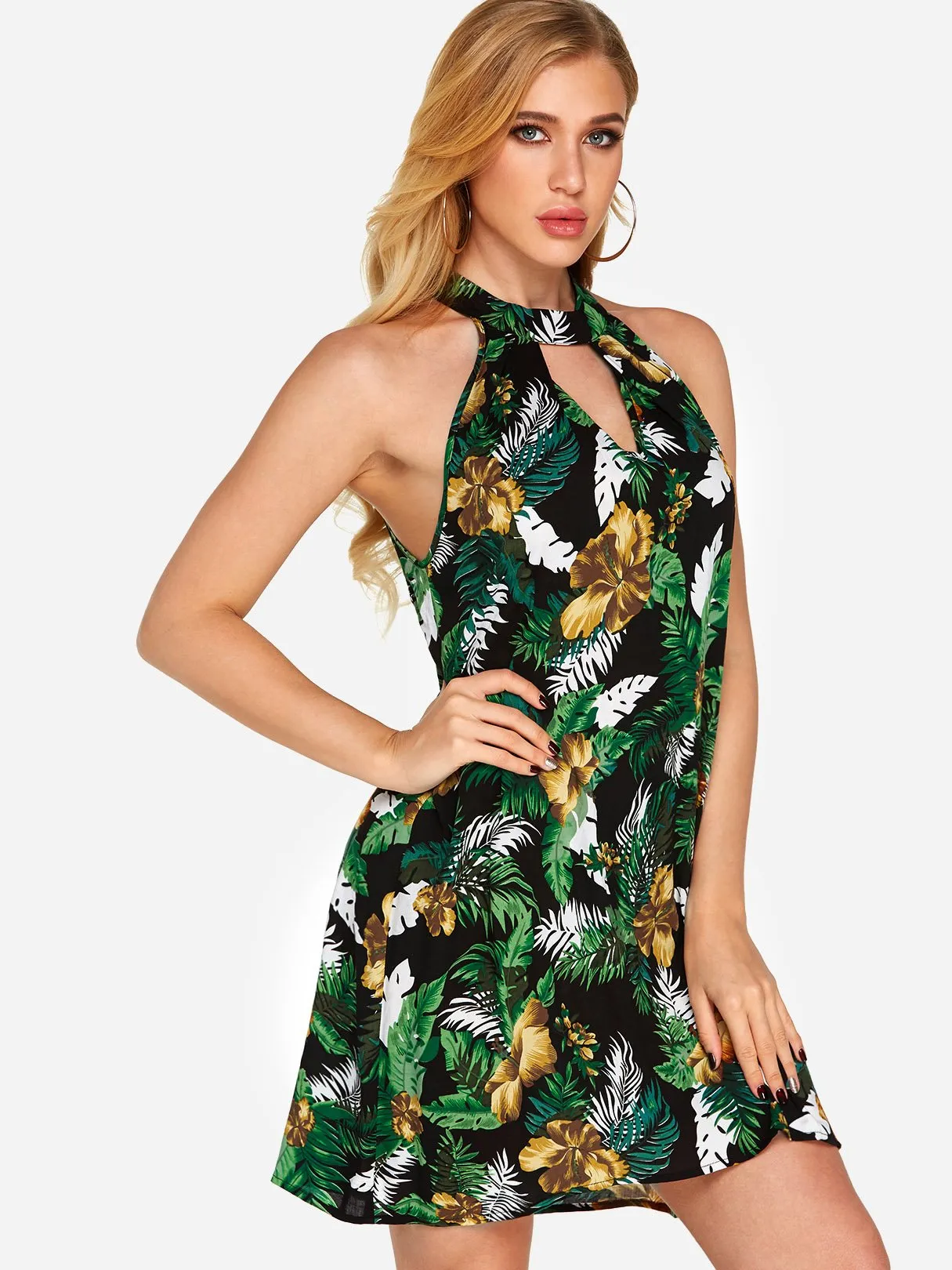 Wholesale Halter Sleeveless Floral Print Backless Cut Out Mini Dress