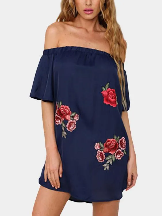 Wholesale Off The Shoulder Short Sleeve Embroidered Curved Hem Mini Dress