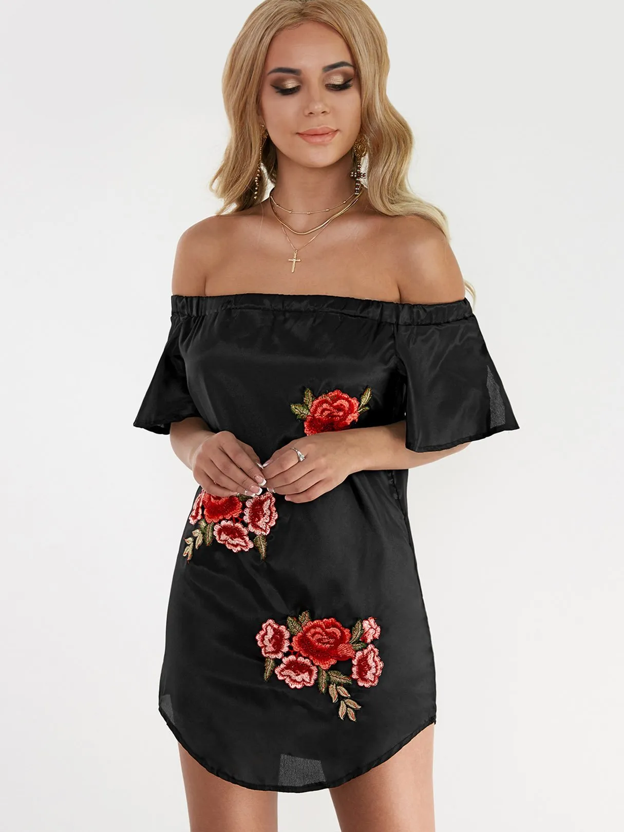 Wholesale Off The Shoulder Short Sleeve Embroidered Curved Hem Mini Dress