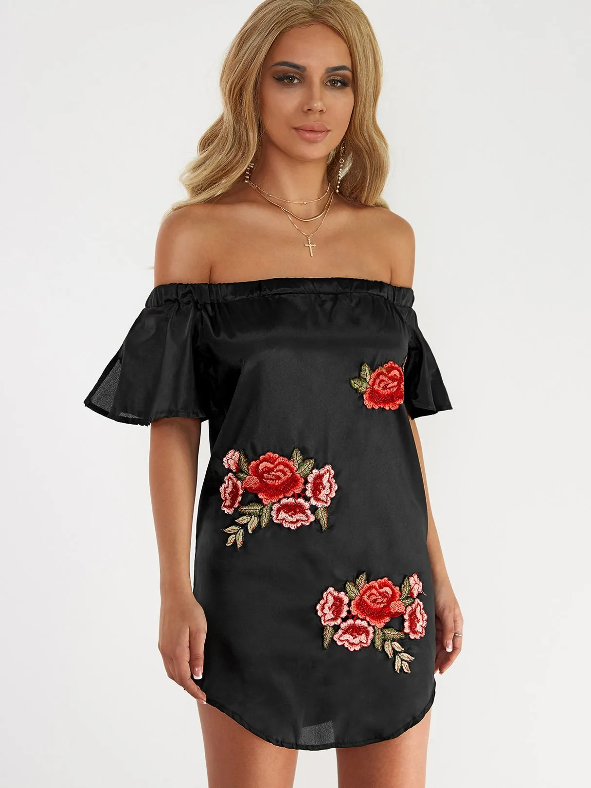 Wholesale Off The Shoulder Short Sleeve Embroidered Curved Hem Mini Dress