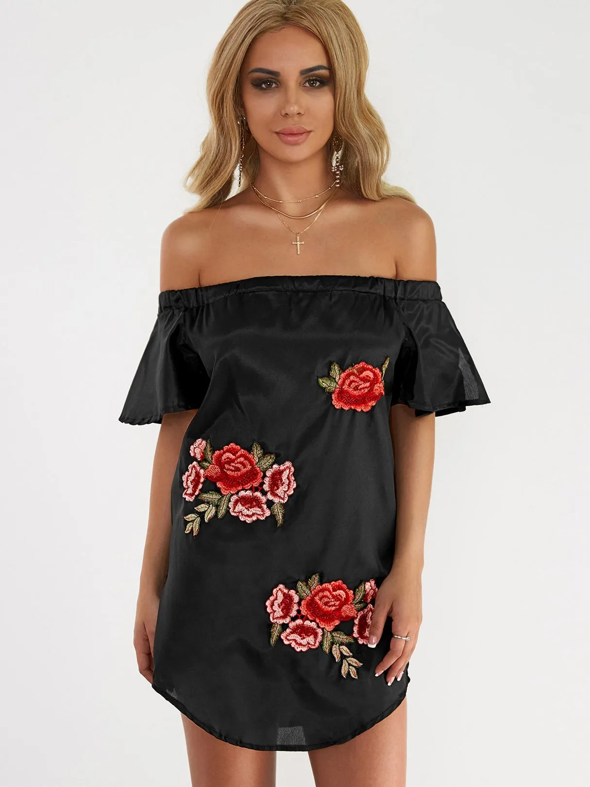 Wholesale Off The Shoulder Short Sleeve Embroidered Curved Hem Mini Dress