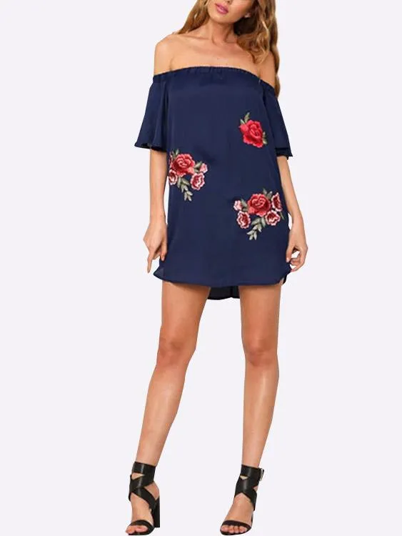 Wholesale Off The Shoulder Short Sleeve Embroidered Curved Hem Mini Dress