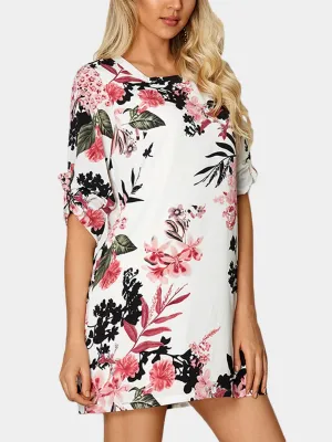 Wholesale Round Neck Half Sleeve Floral Print Self-Tie White Mini Dress