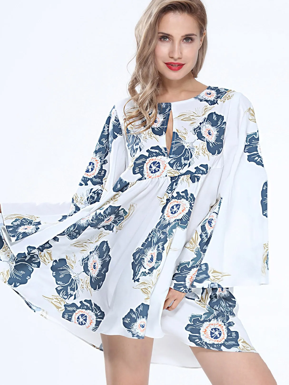 Wholesale Round Neck Long Sleeve Floral Print Mini Dress