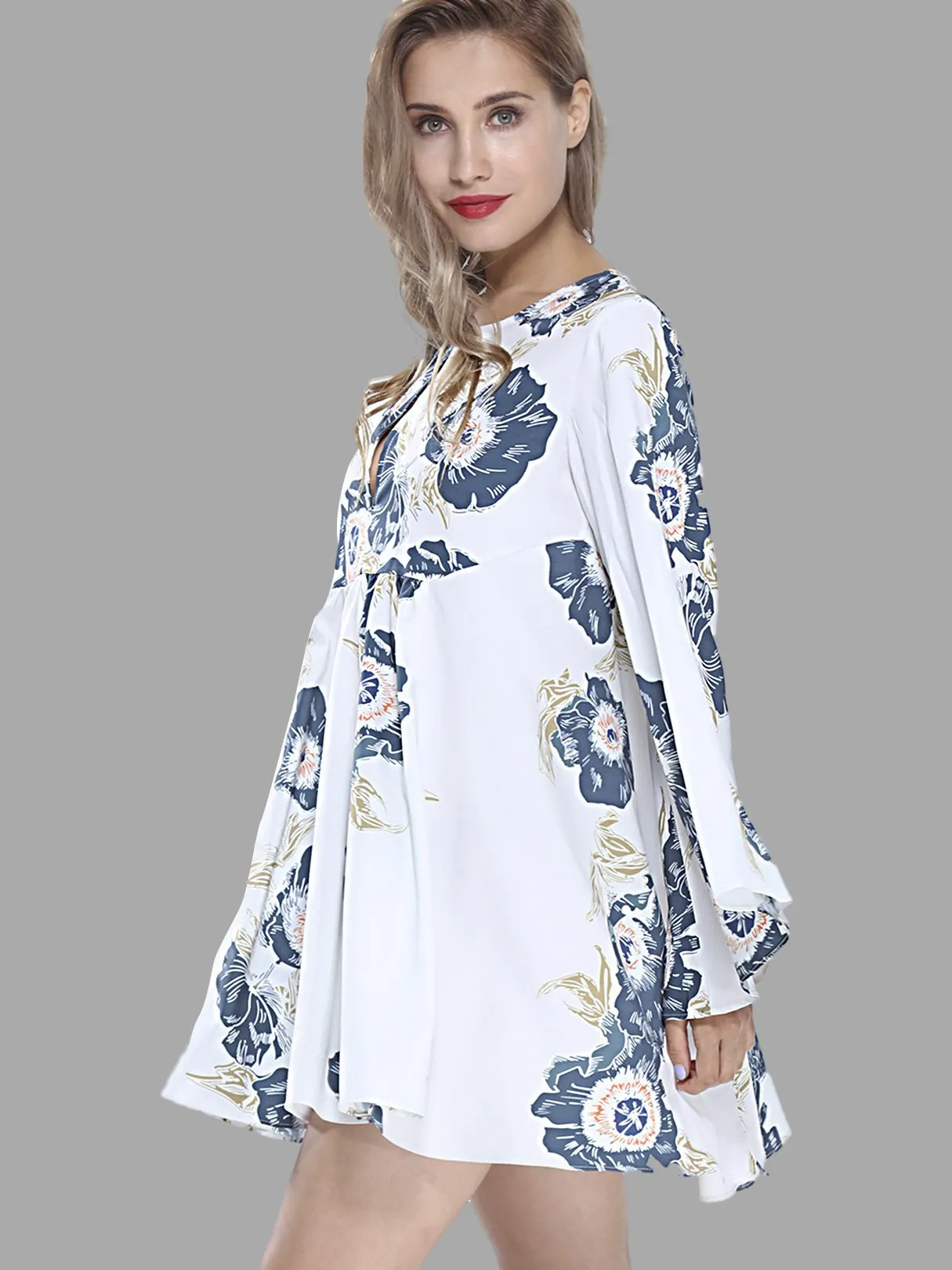 Wholesale Round Neck Long Sleeve Floral Print Mini Dress