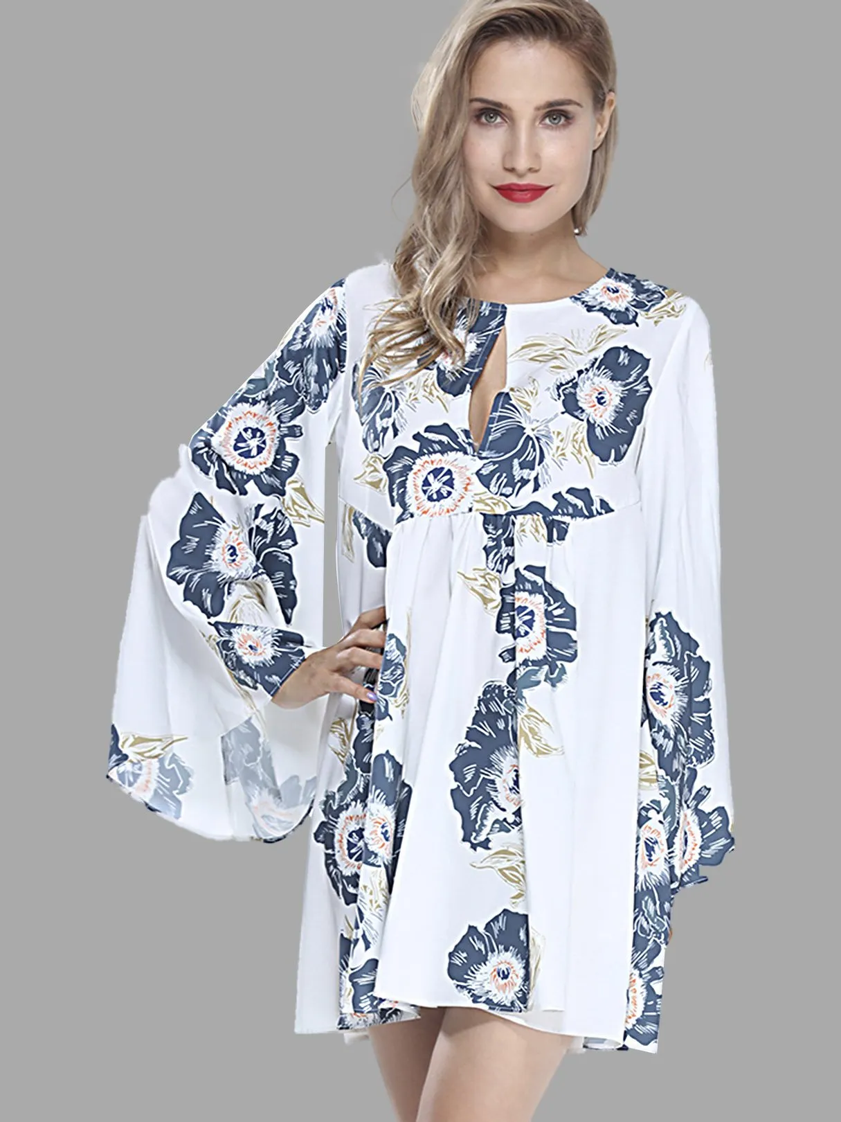 Wholesale Round Neck Long Sleeve Floral Print Mini Dress