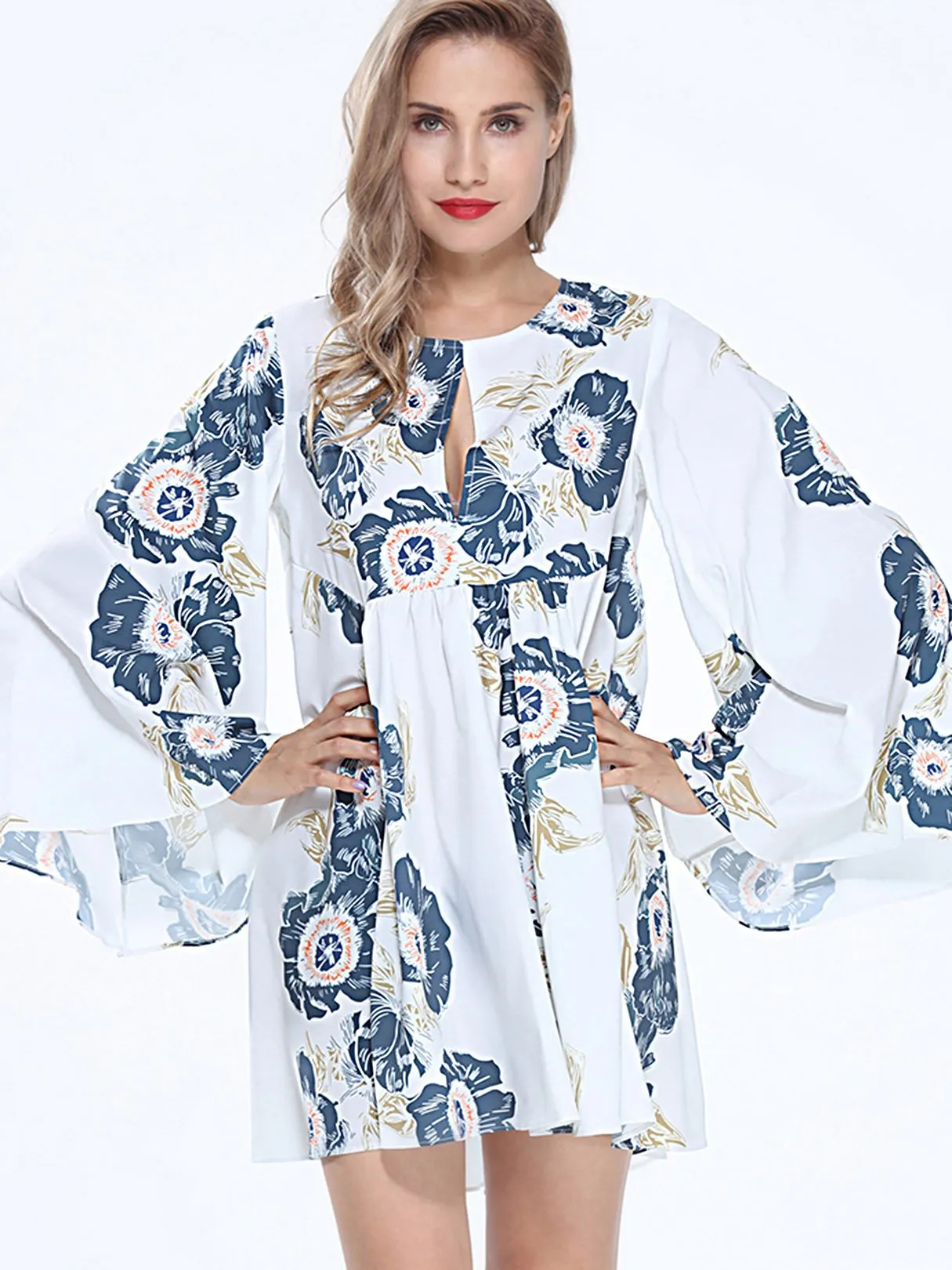 Wholesale Round Neck Long Sleeve Floral Print Mini Dress