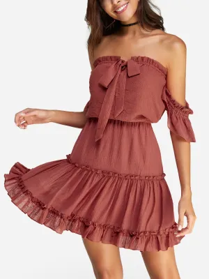 Wholesale Rust Off The Shoulder Short Sleeve Plain Backless Self-Tie Ruffle Hem Mini Dress