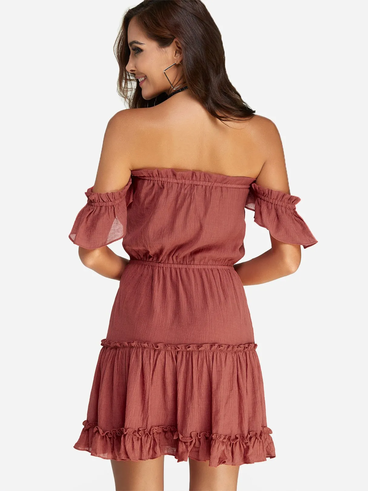 Wholesale Rust Off The Shoulder Short Sleeve Plain Backless Self-Tie Ruffle Hem Mini Dress