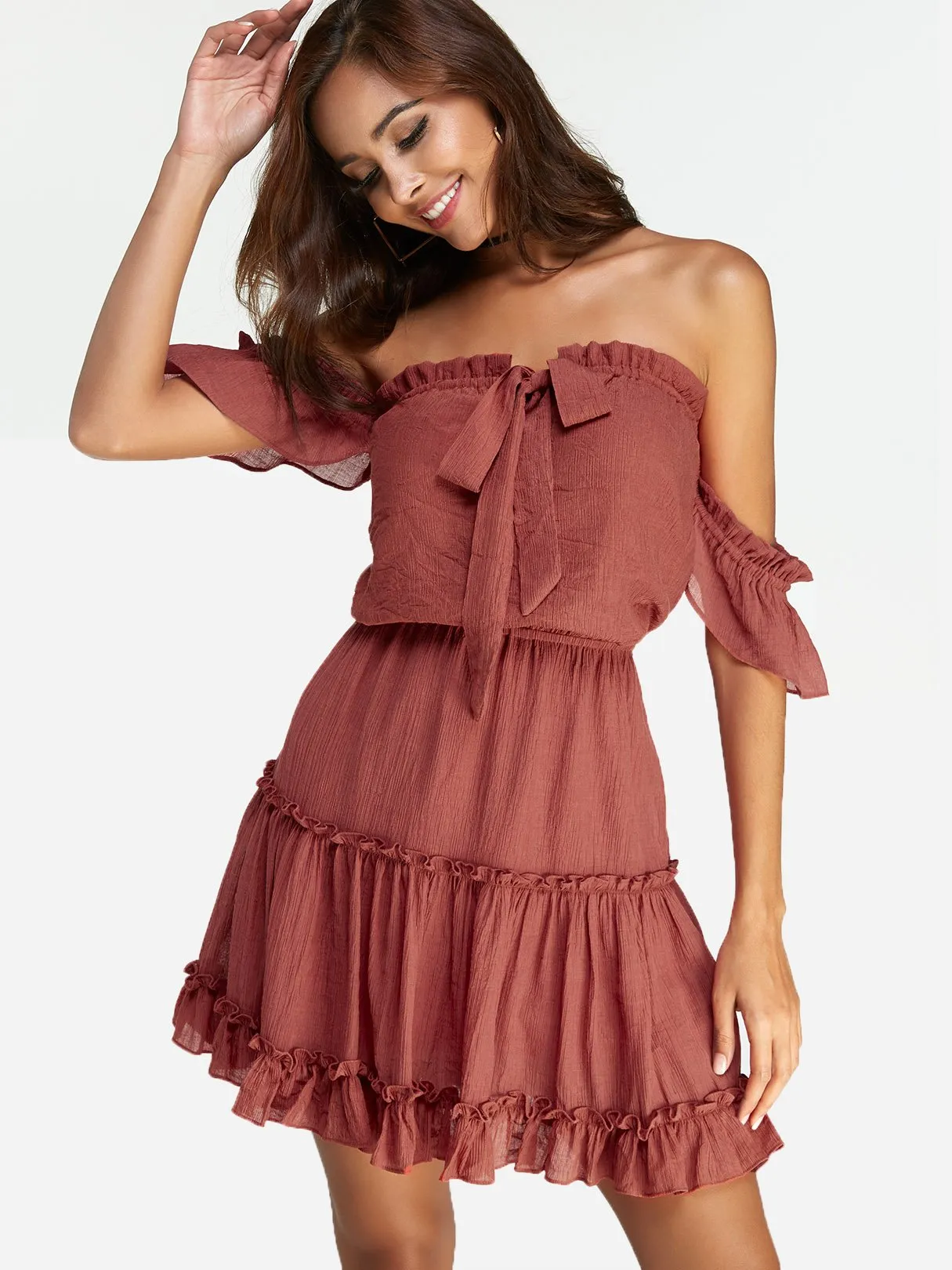 Wholesale Rust Off The Shoulder Short Sleeve Plain Backless Self-Tie Ruffle Hem Mini Dress