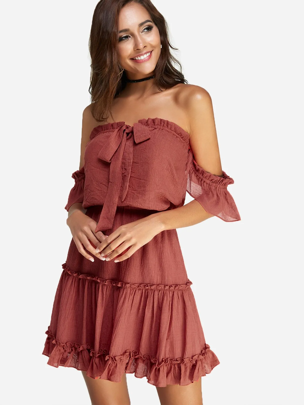 Wholesale Rust Off The Shoulder Short Sleeve Plain Backless Self-Tie Ruffle Hem Mini Dress