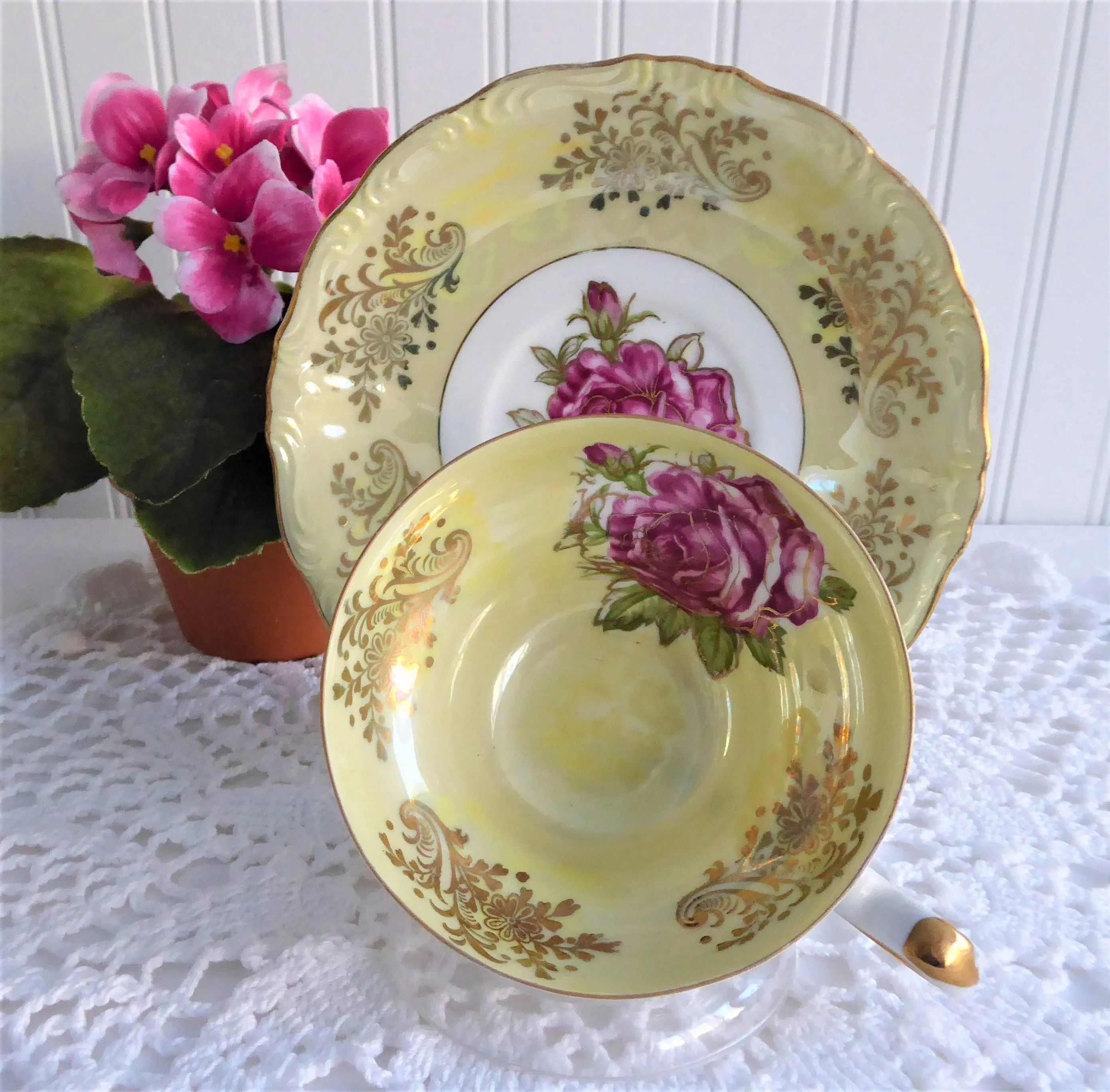 Yellow Luster Cup And Saucer Three Feet Pink Rose Gold Overlay 1950s