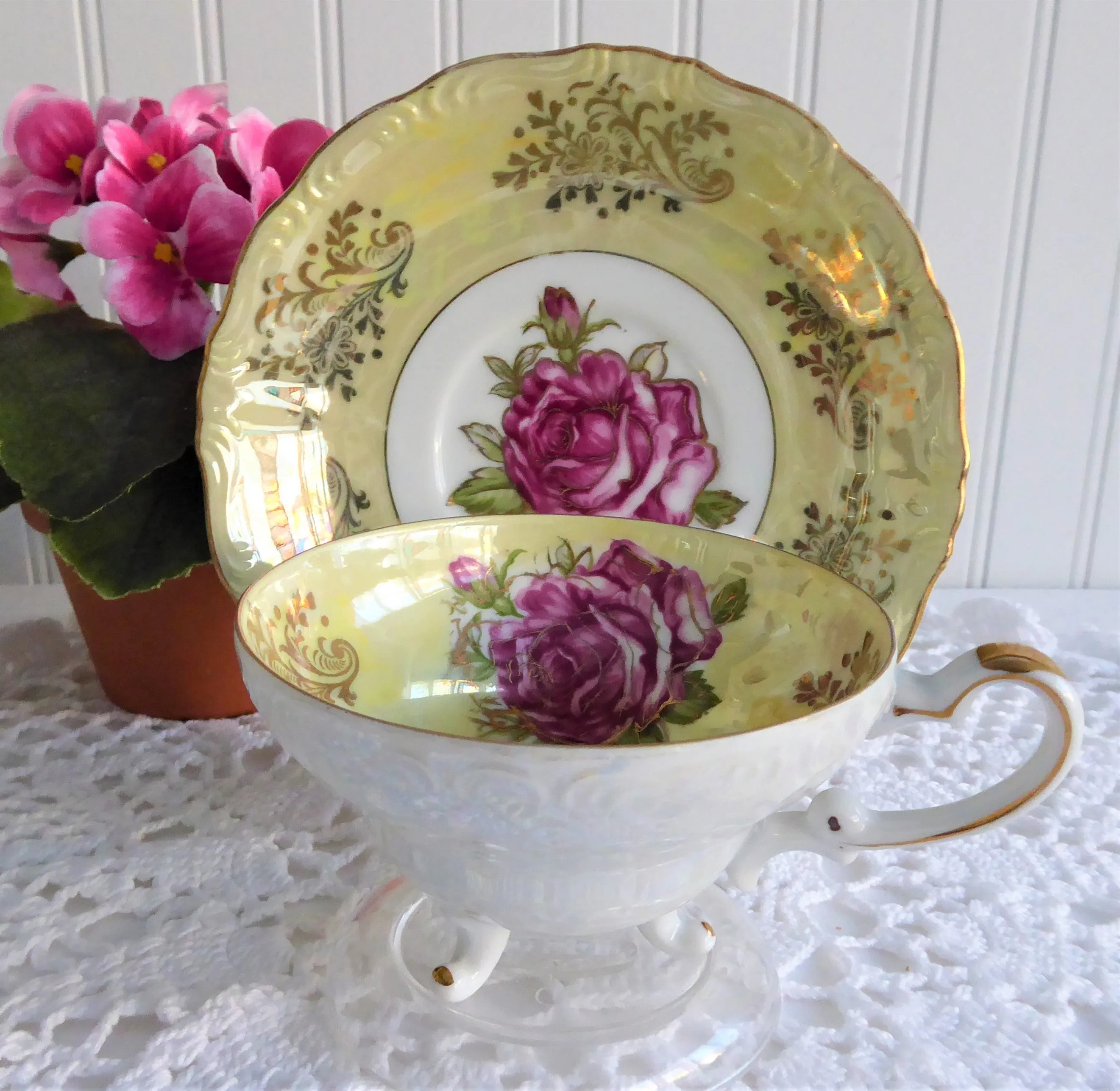 Yellow Luster Cup And Saucer Three Feet Pink Rose Gold Overlay 1950s