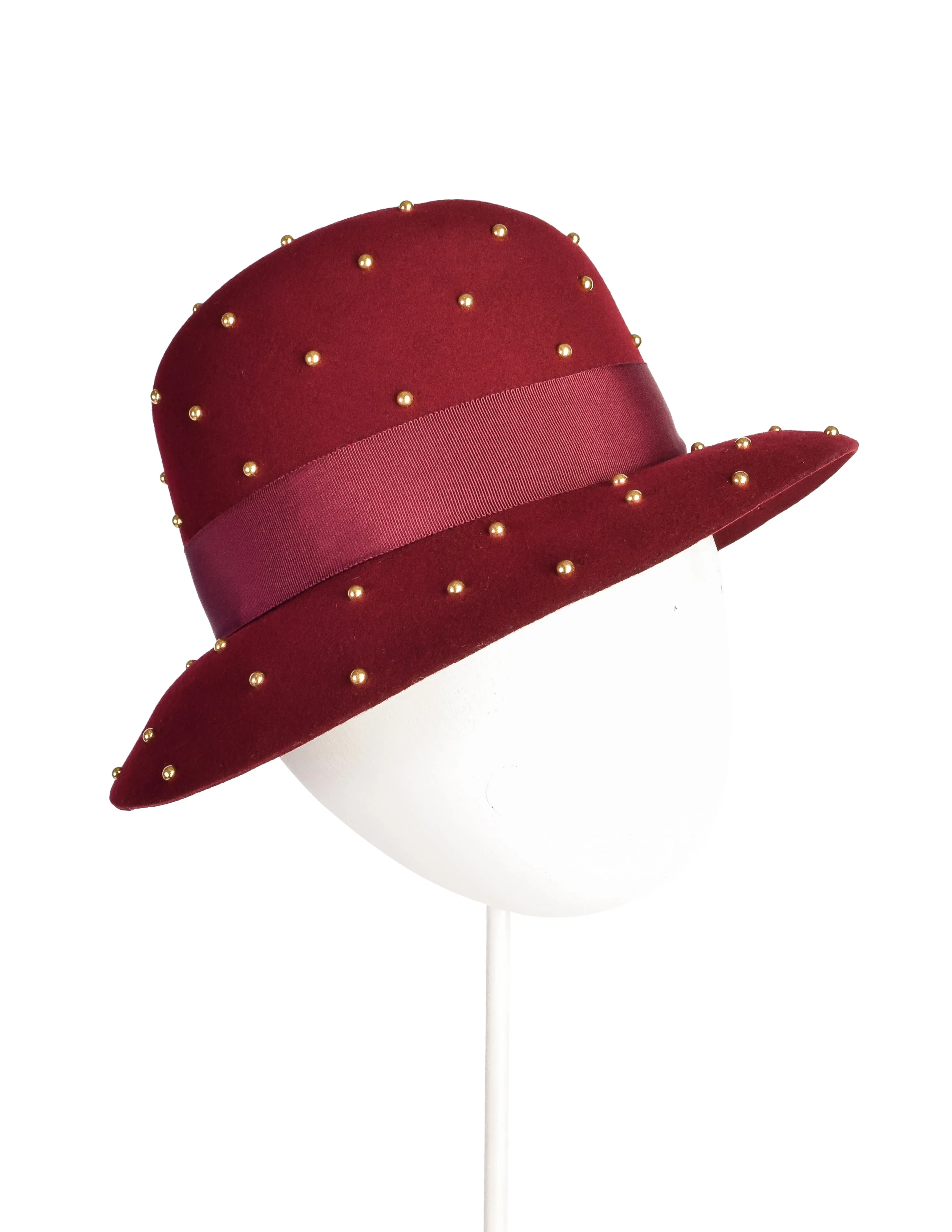 Yves Saint Laurent Vintage 1970s Maroon Wool Brass Studded Hat