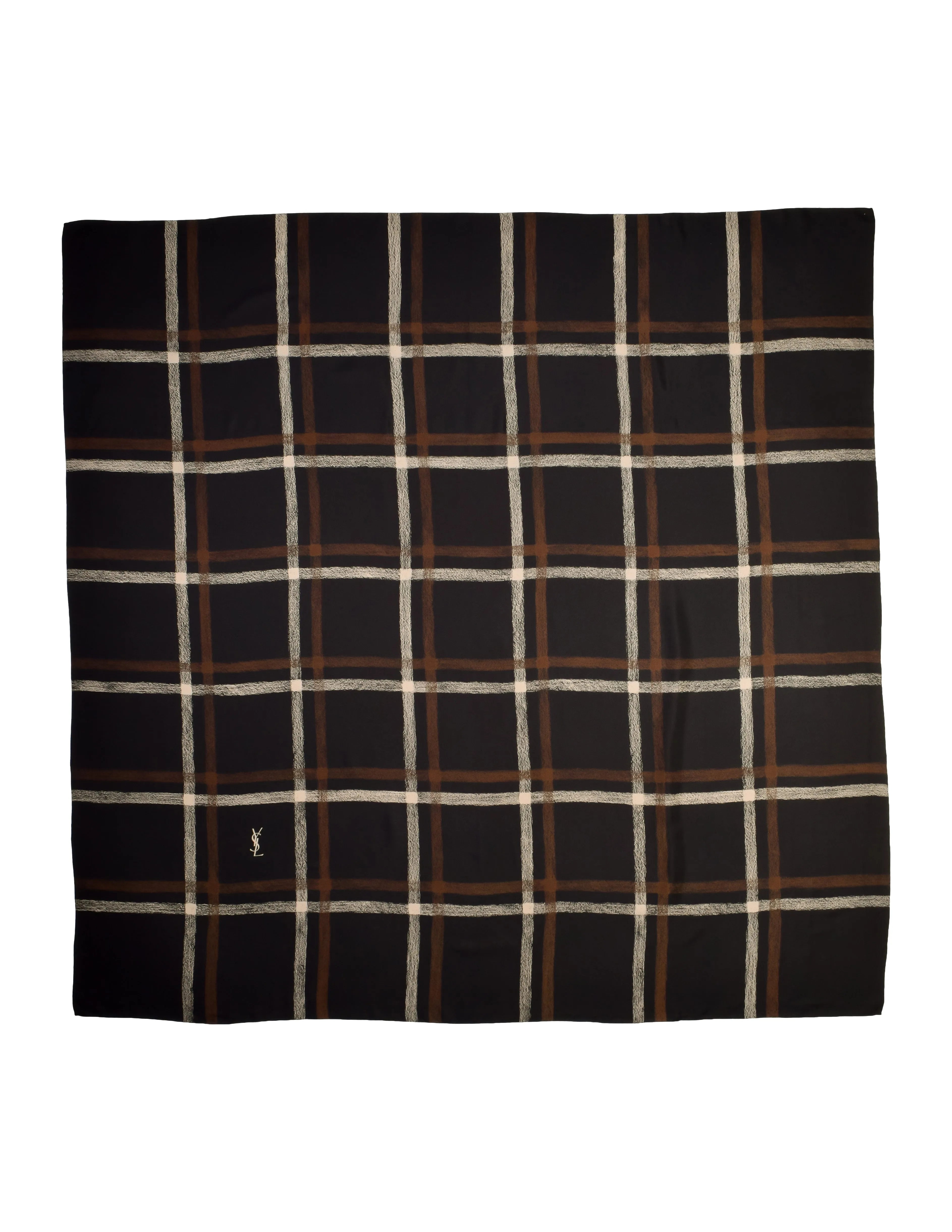 Yves Saint Laurent Vintage Black Brown Cream Plaid Oversized Silk Wrap Scarf