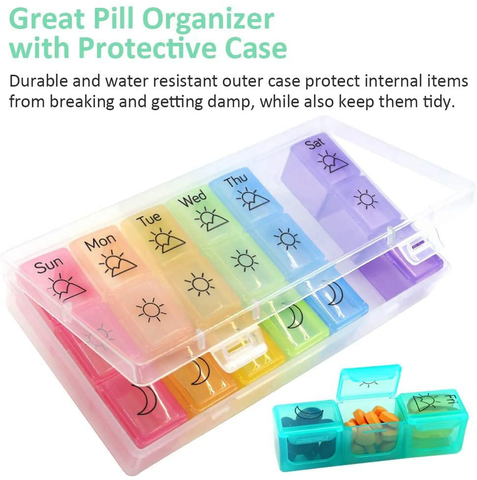 Zoksi AM PM Pill Organizer 2 Times a Day, Weekly Pill Box, 7 Day Pill Case for Travel, Large Medication Container for Daily Vitamin and Medicine，with 14 Compartments and Push Buttons