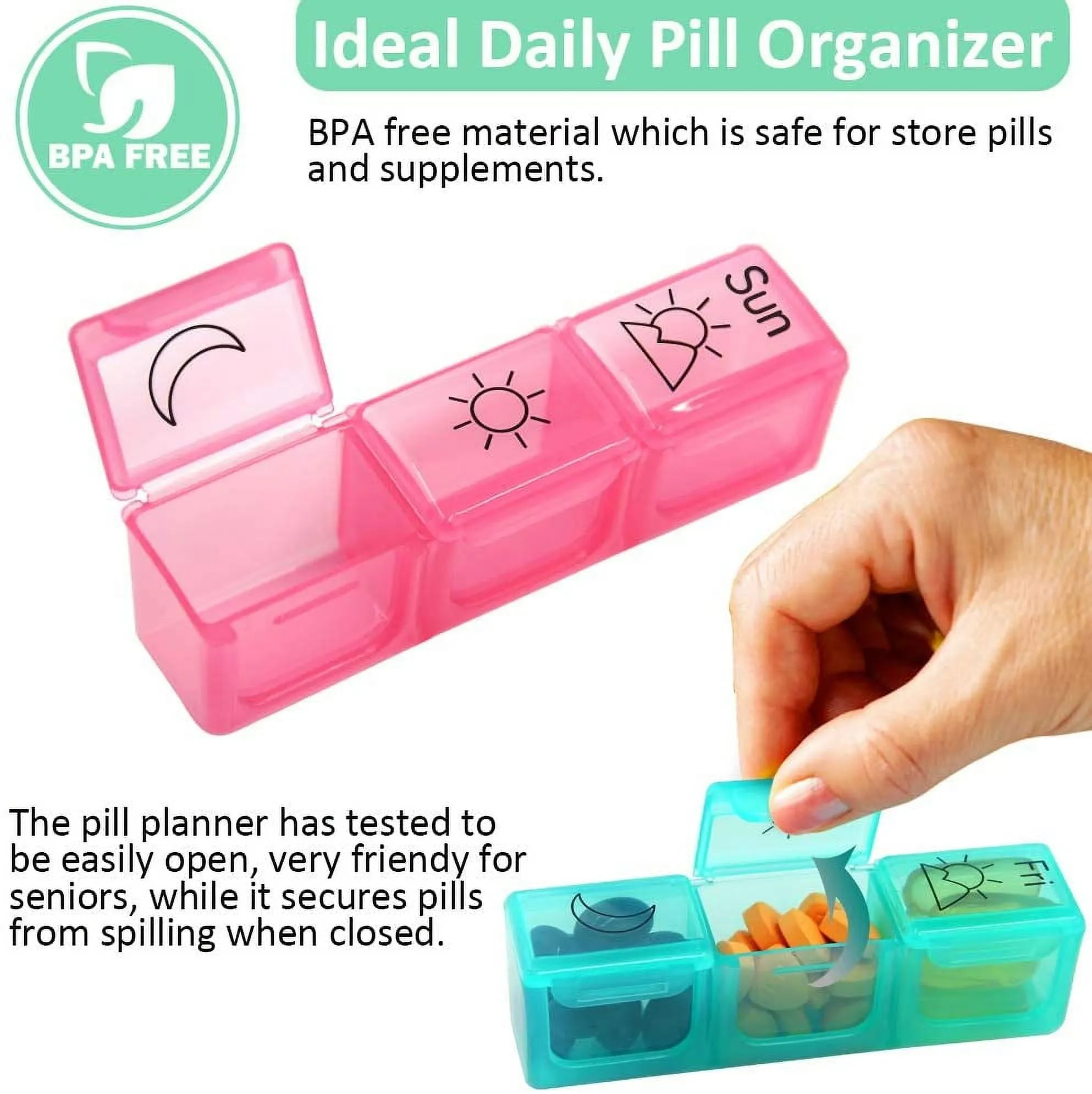 Zoksi AM PM Pill Organizer 2 Times a Day, Weekly Pill Box, 7 Day Pill Case for Travel, Large Medication Container for Daily Vitamin and Medicine，with 14 Compartments and Push Buttons