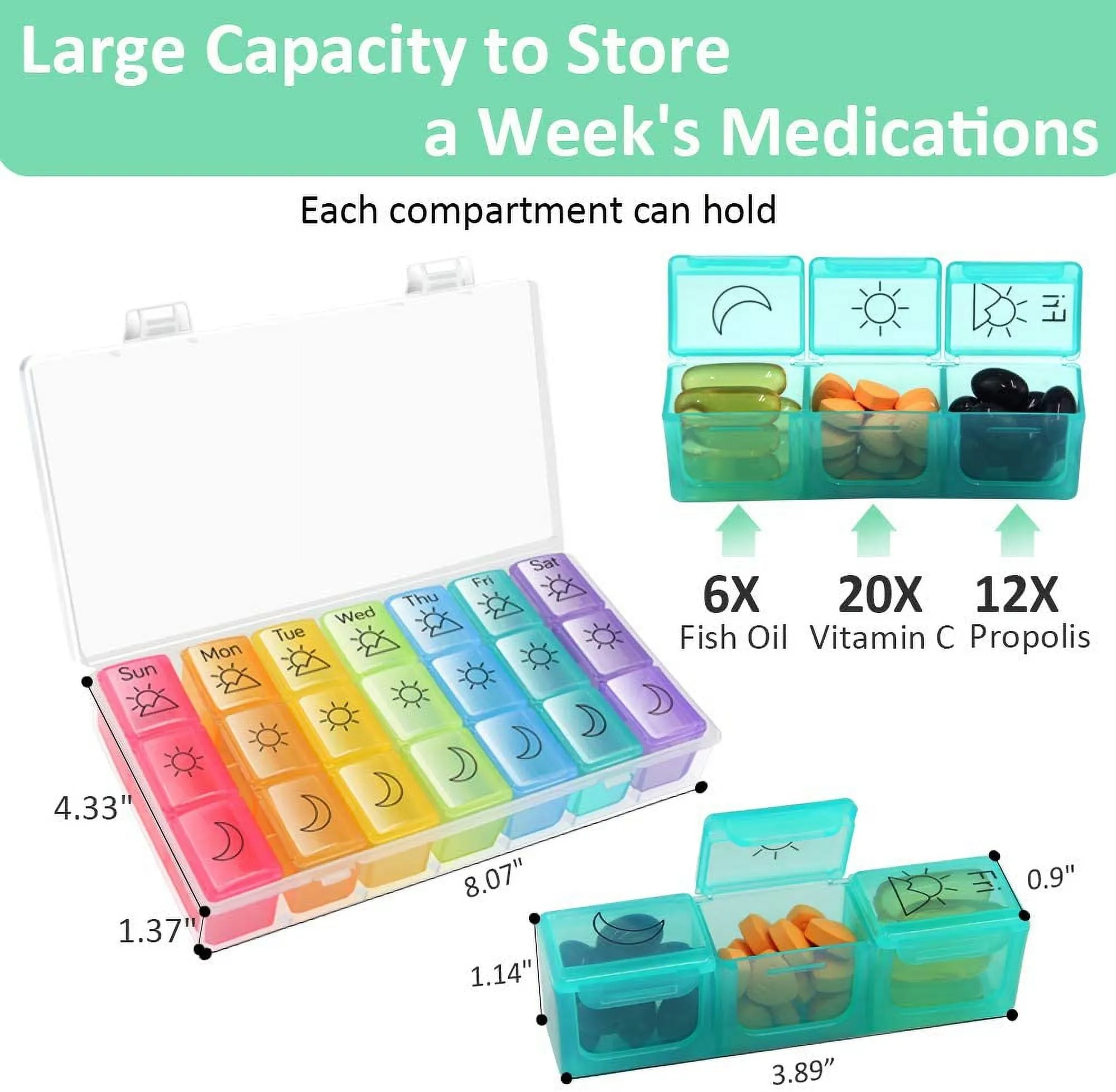 Zoksi AM PM Pill Organizer 2 Times a Day, Weekly Pill Box, 7 Day Pill Case for Travel, Large Medication Container for Daily Vitamin and Medicine，with 14 Compartments and Push Buttons